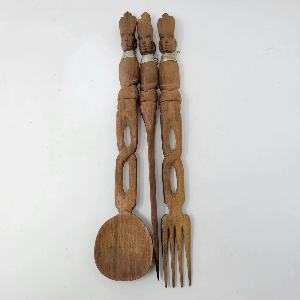 Hand Carved Wood Tribal Figural Spoon‎ Fork Server Set Rustic Decor 15